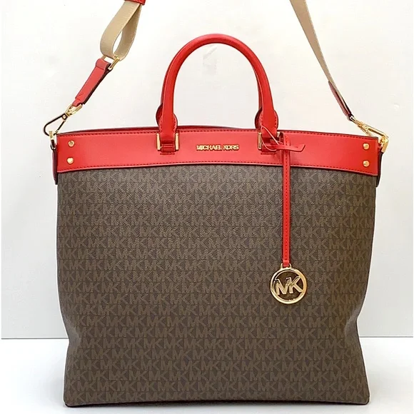 Michael Kors Travel Large Top Zip North South Tote Bag Flame/Brown signa… - Picture 13 of 16